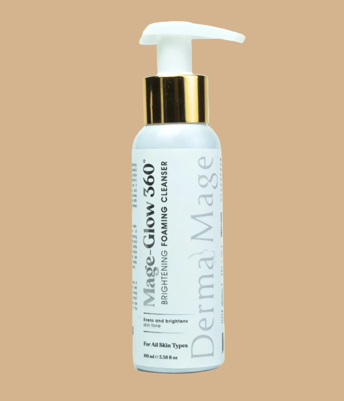 Derma Mage bottle of Mage-Glow 360 Brightening Foaming Cleanser on a beige background