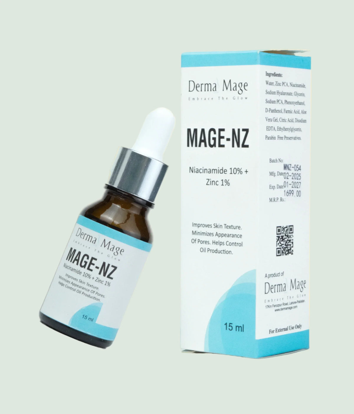 Derma Mage MAGE-NZ skincare serum bottle and packaging on a beige background