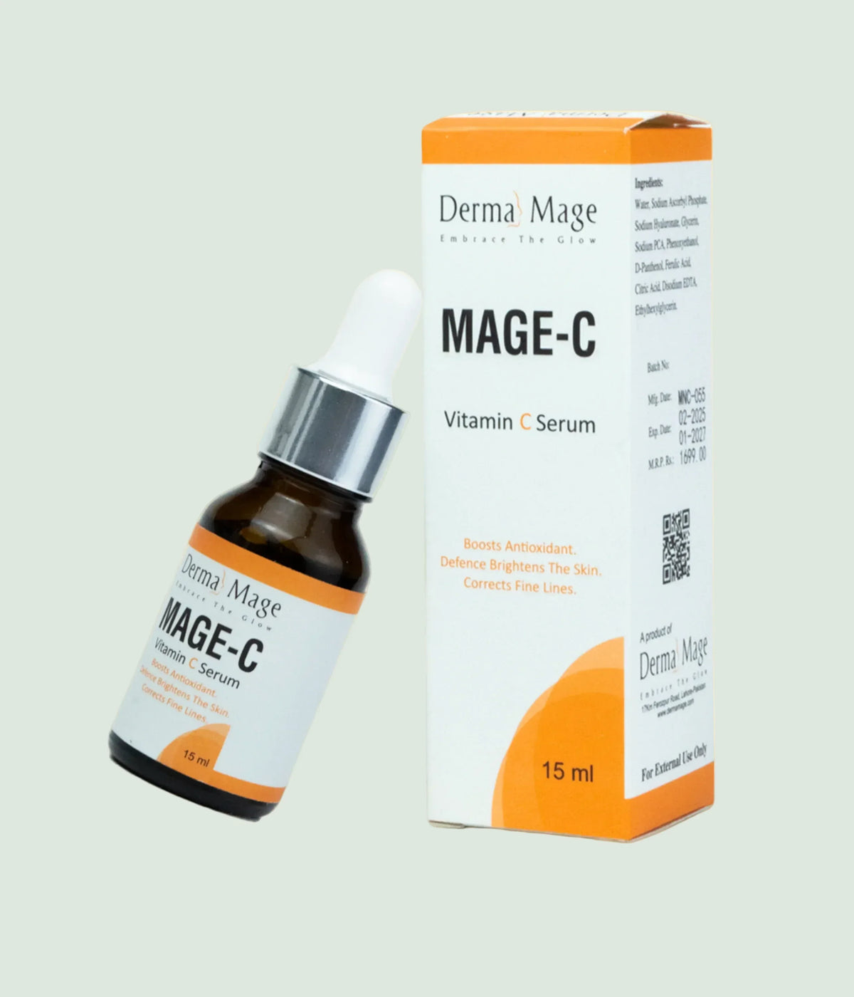 Derma Mage MAGE-C Vitamin C Serum bottle and packaging on a beige background